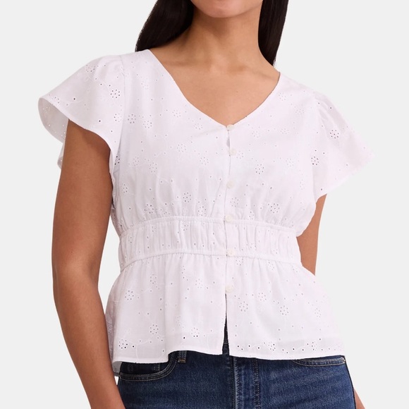 Time and Tru Tops - NWT Time & Tru White Eyelet Button-Front Peplum Top XL